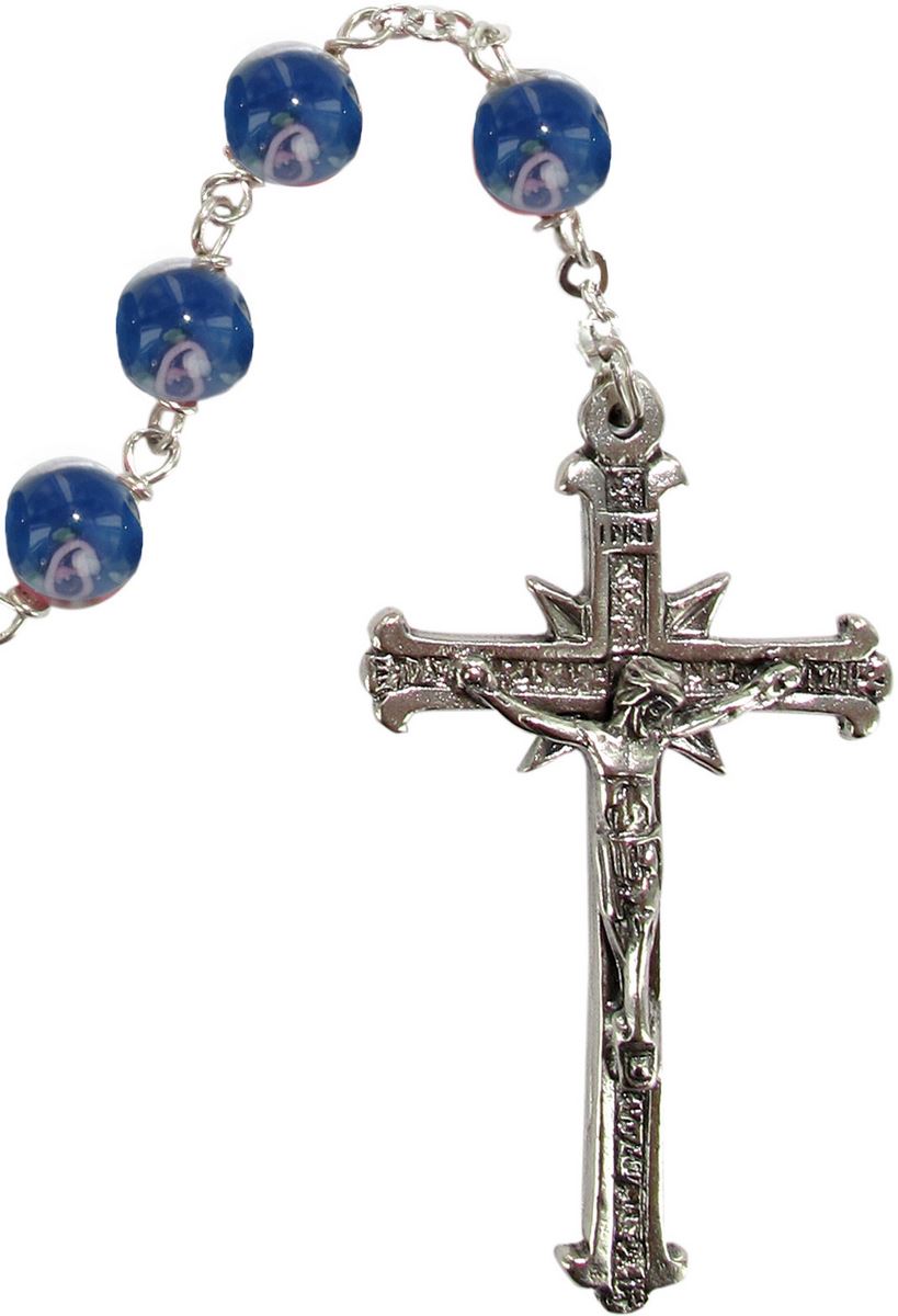 rosario in argento 925 con grani mm 6 in vetro blu con piccole rose