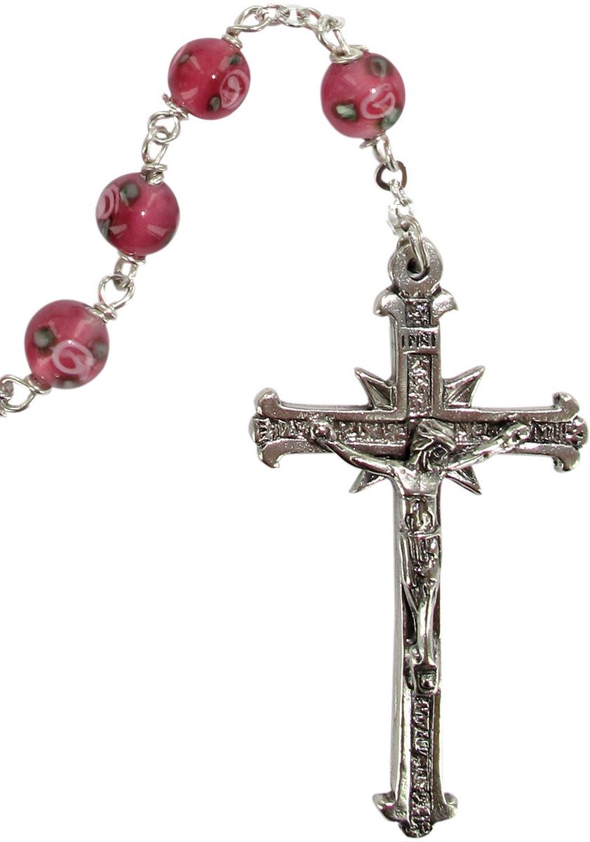 rosario in argento 925 con grani mm 6 on vetro rosa con piccole rose