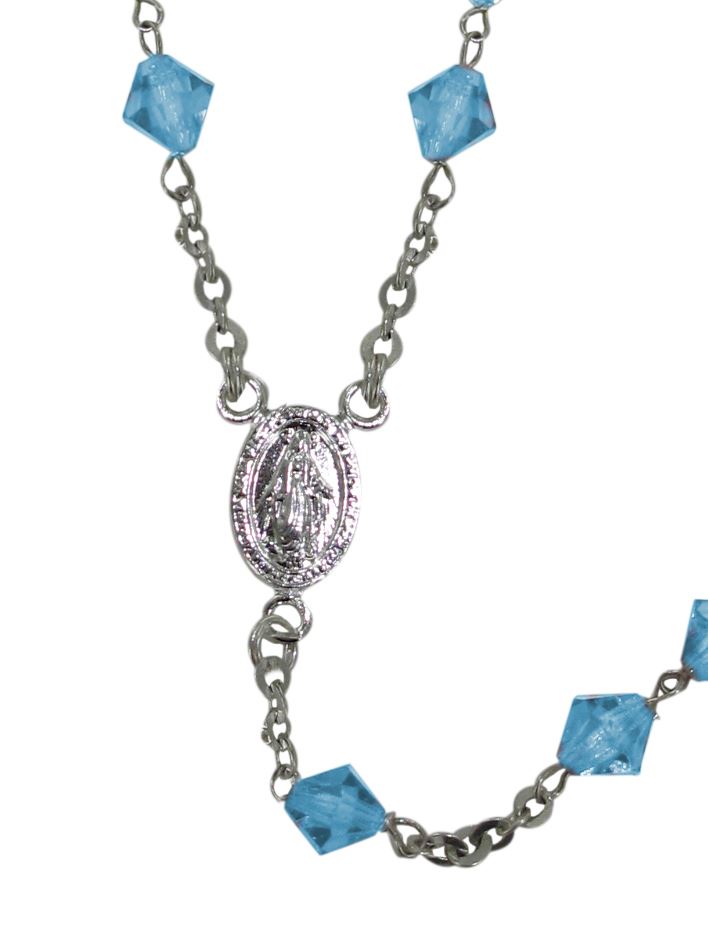 rosario con grani in cristallo rondello da Ø 6 mm color azzurro e legatura in argento 925 