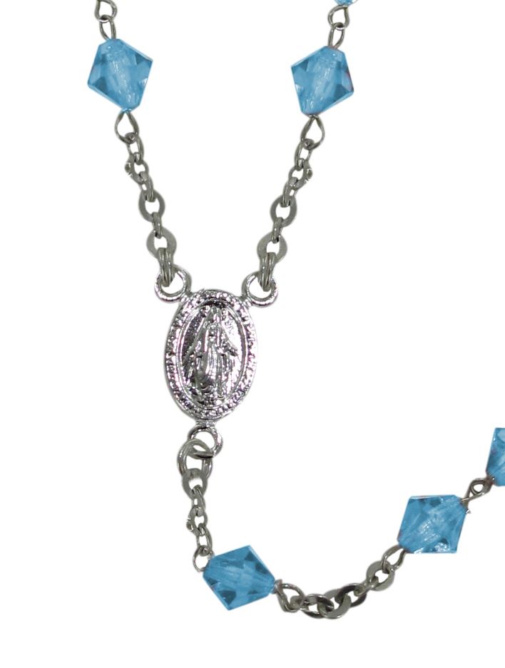 rosario con grani in cristallo rondello da Ø 6 mm color azzurro e legatura in argento 925