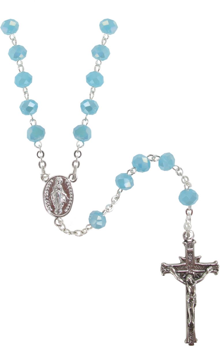 rosario argento 925  in cristallo sfaccetato opacizzato nel colore azzuro con grani di mm 6