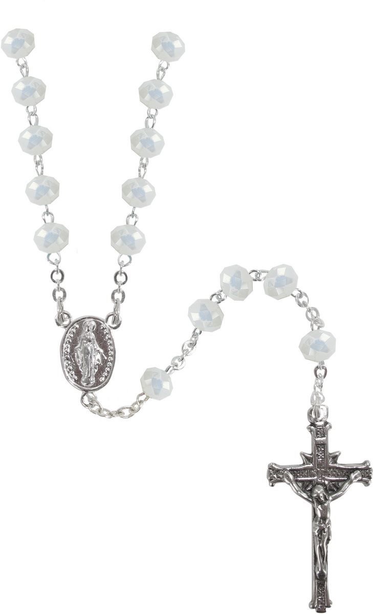 rosario cristallo sfaccettato opacizzato con grani mm 6 color bianco legatura in argento 925 