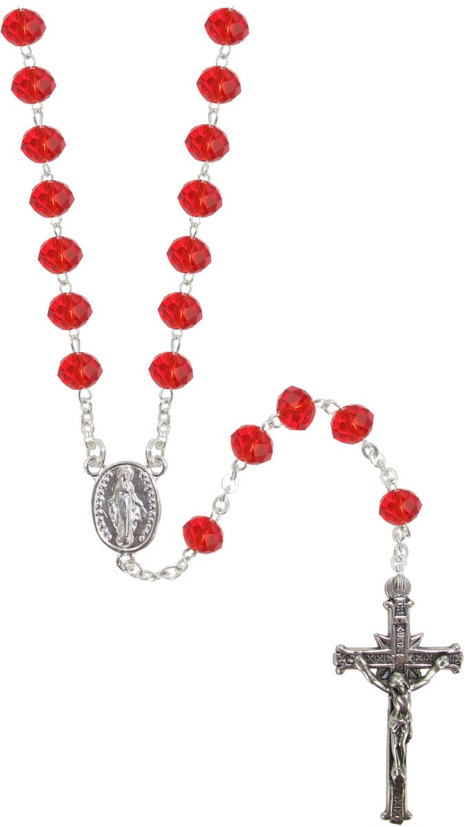 rosario cristallo sfaccettato trasparente con grani mm 6 color rosso legatura in argento 925 