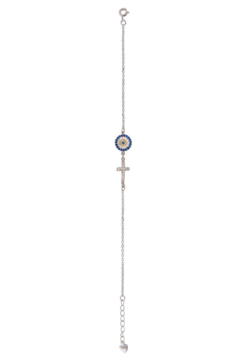 braccialetto con croce e medaglia con strass bianchi e blu in argento 925 con bagno in oro bianco 