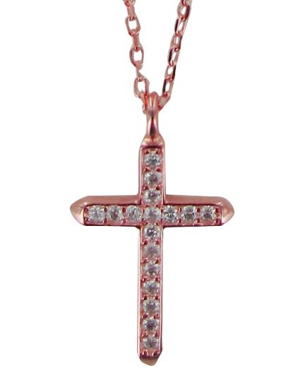 croce in argento 925 con strass bianchi e catenina con bagno oro rosa - 2 cm
