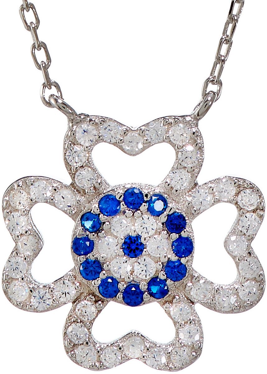 collana a forma di quadrifoglio con strass in argento 925 con bagno in oro bianco 
