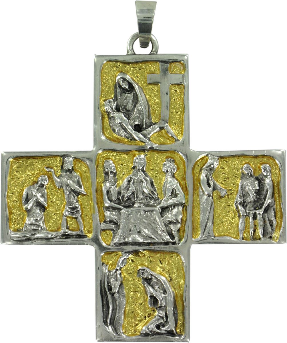 croce vescovo pettorale in metallo bicolore raffigurante scene di vita di gesù - 8,7 cm