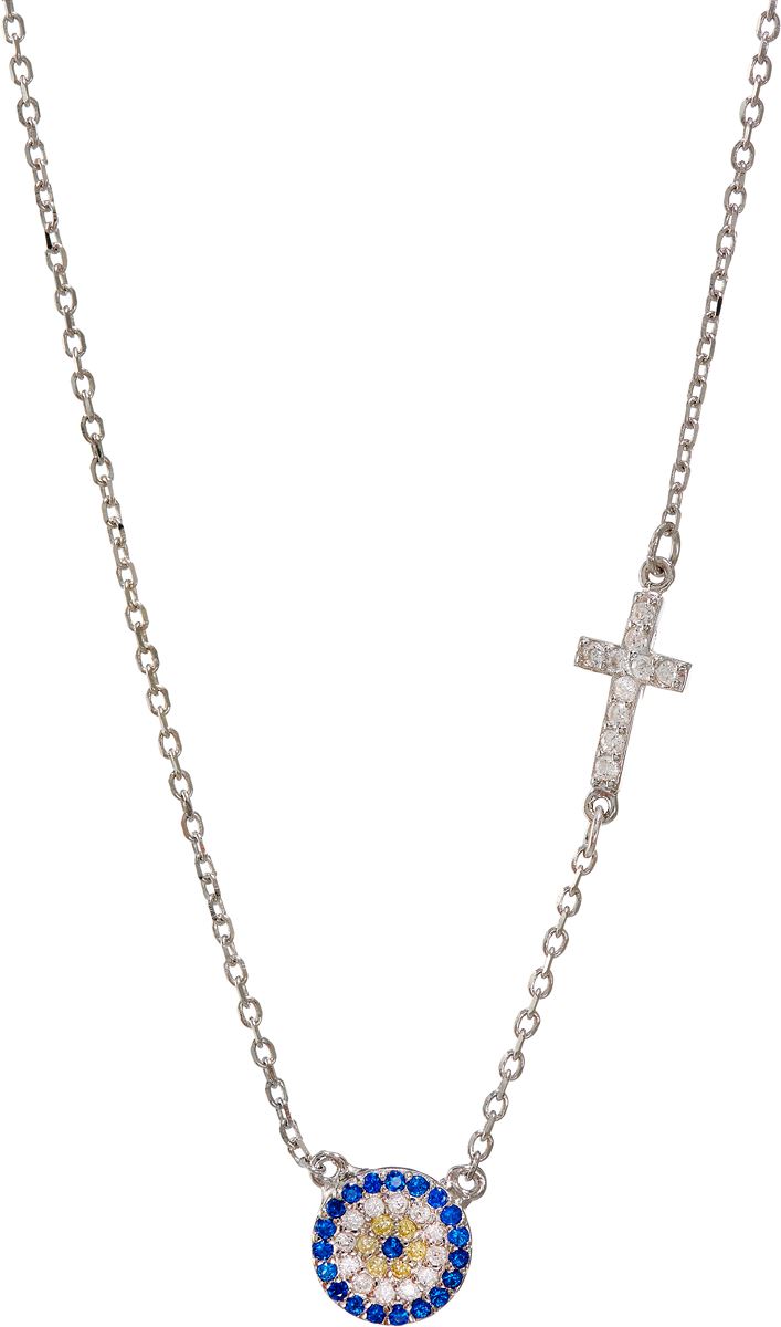 collana con medaglia cm 1 con strass e crocetta in argento 925 con bagno in oro bianco