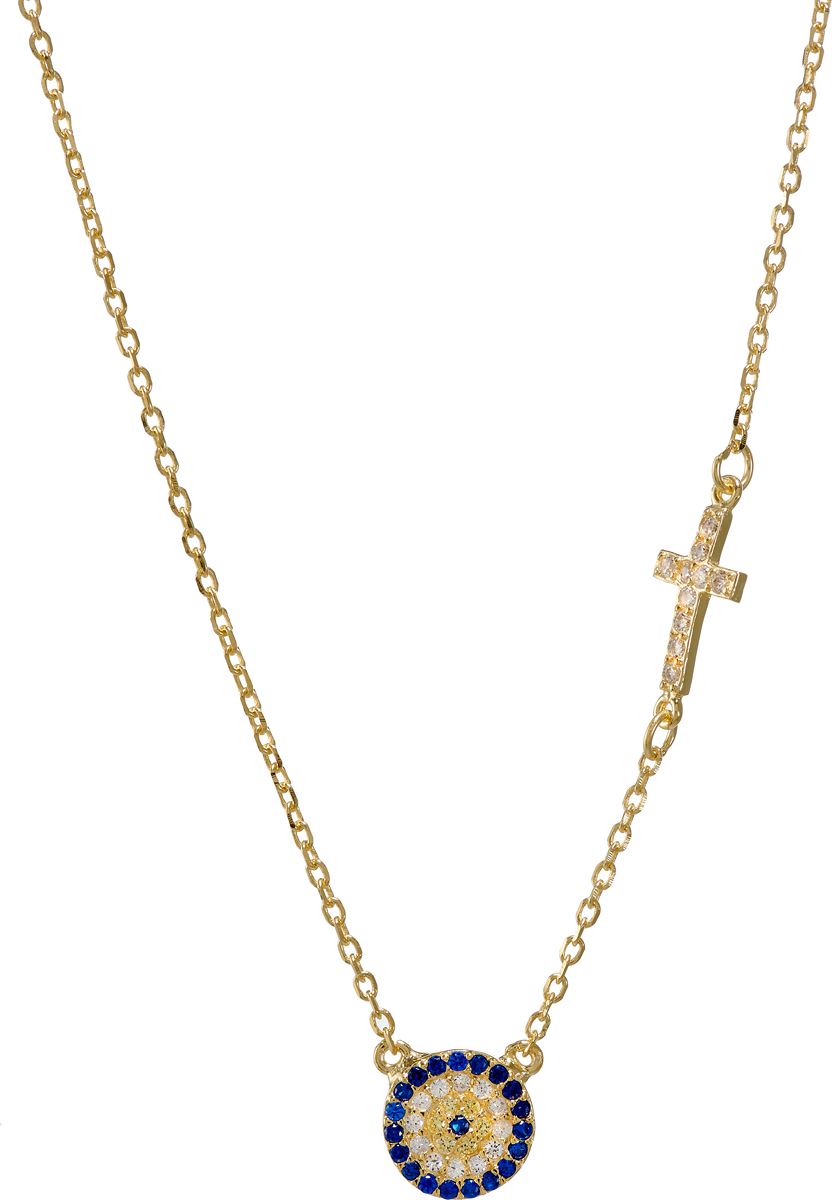 collana con medaglia con strass e crocetta in argento 925 con bagno in oro giallo