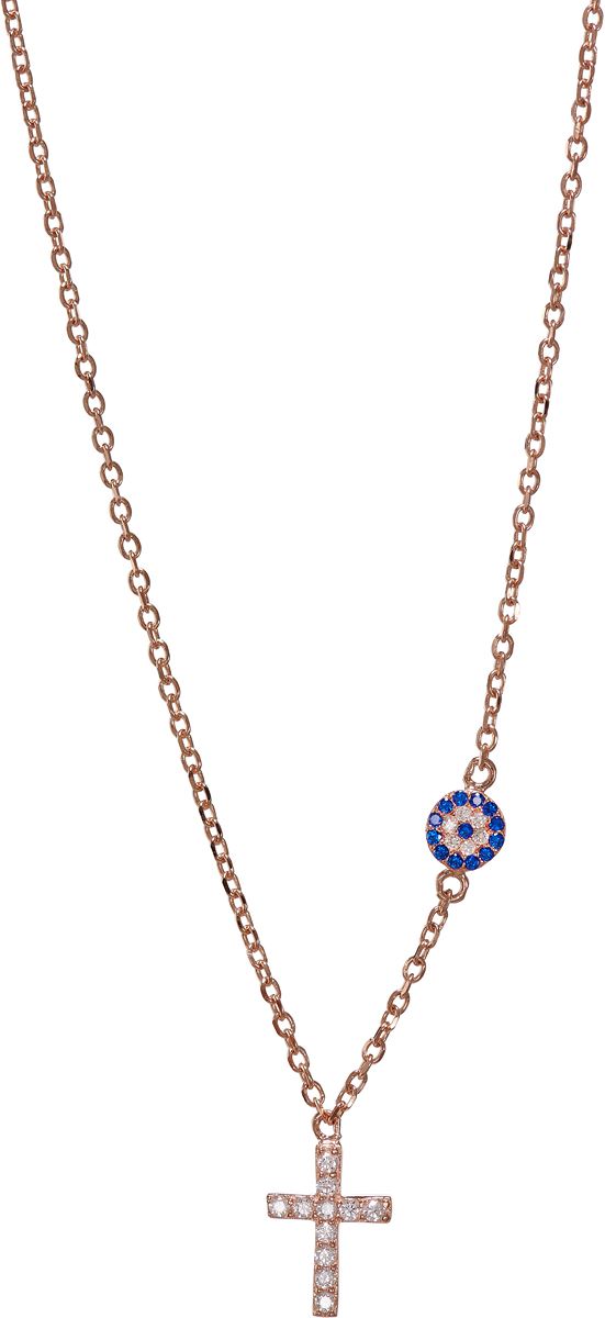 collana con croce cm 1,4 con strass e medaglia in argento 925 con bagno in oro rosa