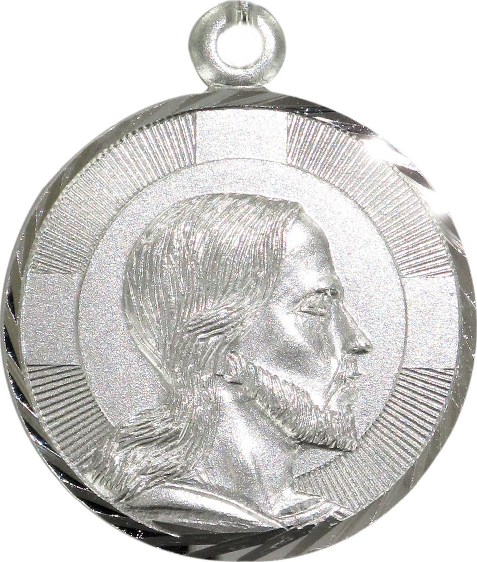medaglia volto di cristo, ciondolo pendente per collanina, argento 925, rotondo, 1,6 cm