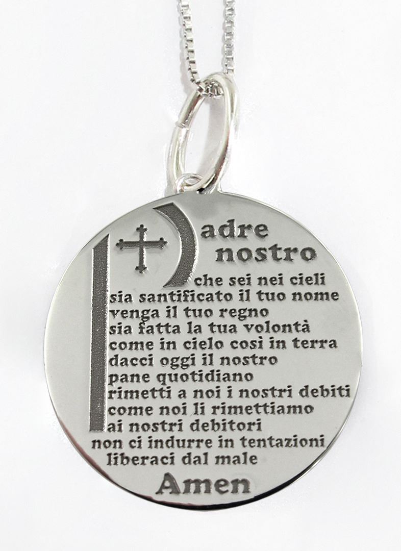 stock: collana in argento 925 con medaglia con preghiera padre nostro cm 1,8