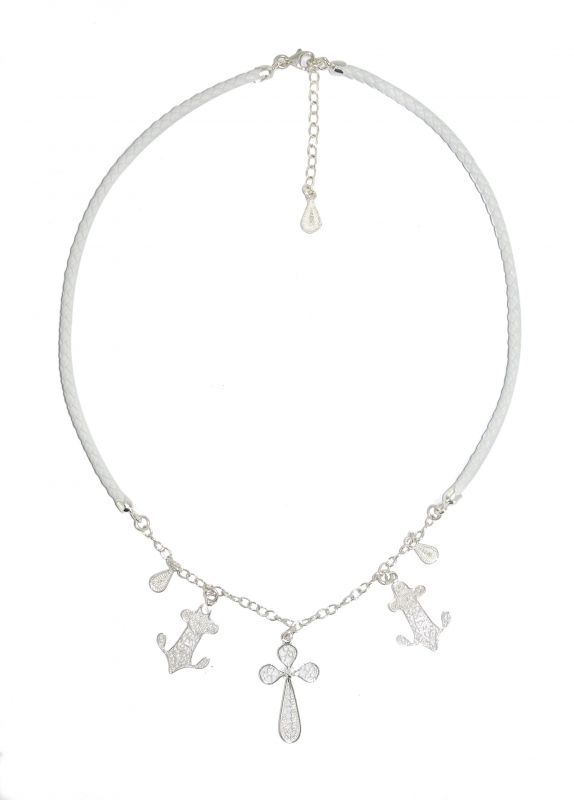 girocollo in ecopelle bianca con croce filigrana in argento