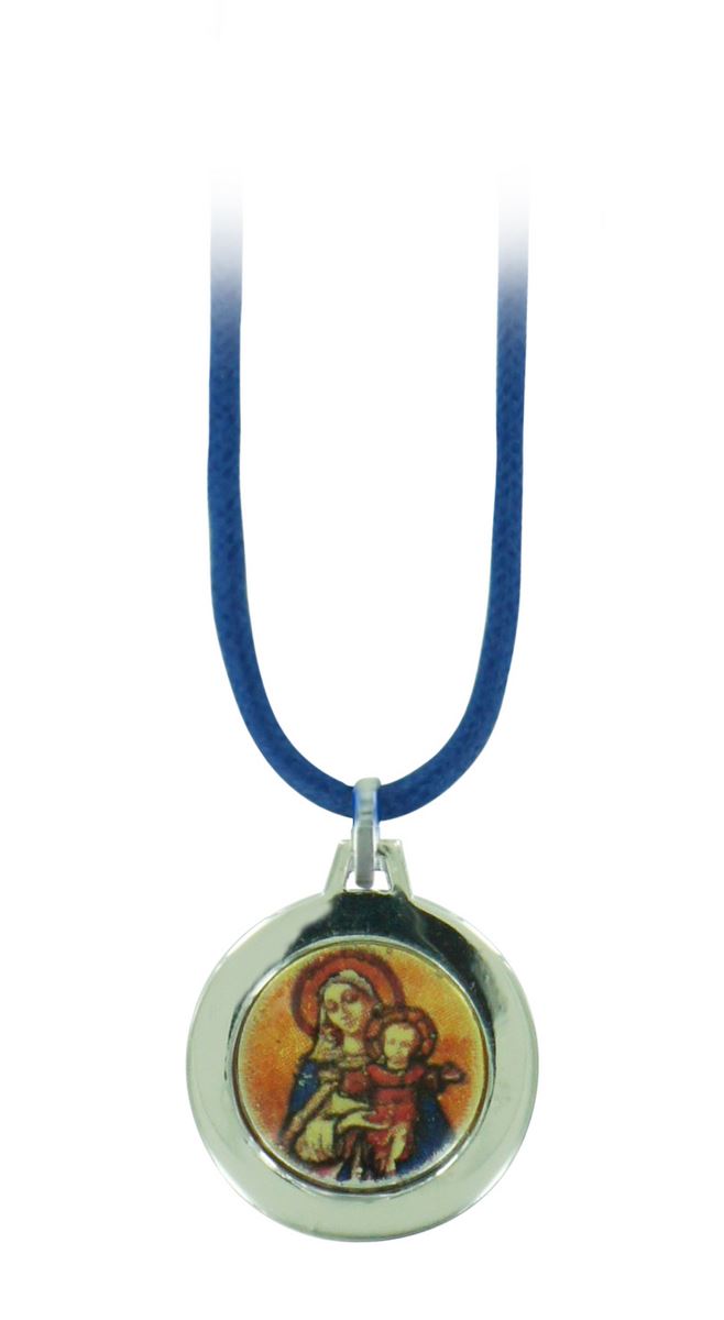 medaglia madonna con bambino in argento 925 colorato con collierino - 1,9 cm