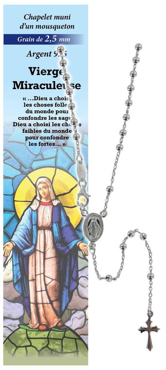 rosario madonna miracolosa in argento 925 con grani da Ø 2,5 mm e preghiera in francese