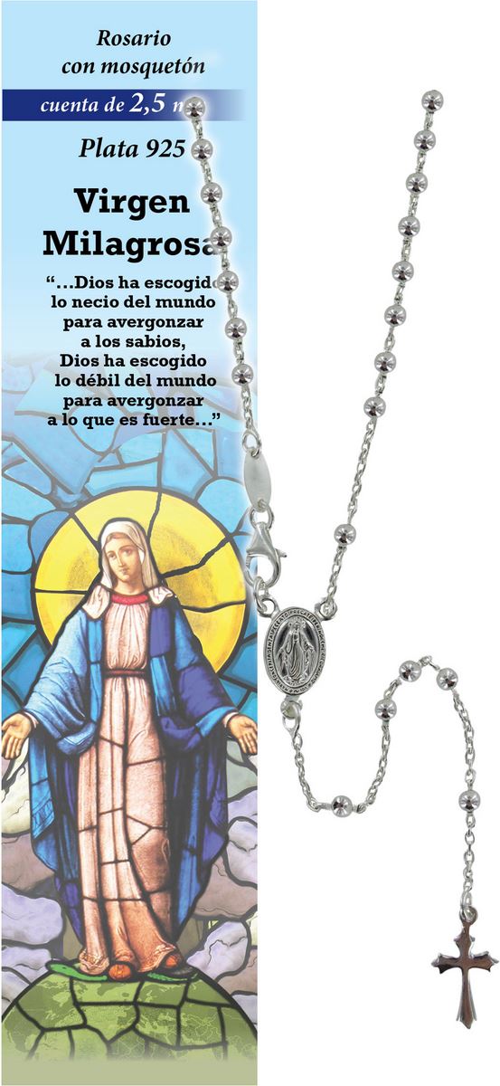 rosario madonna miracolosa in argento 925 con grani da Ø 2,5 mm e preghiera in spagnolo