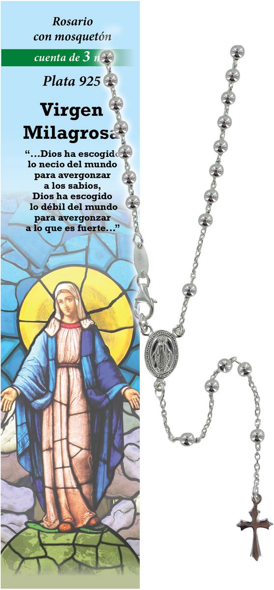 rosario madonna miracolosa in argento 925 con grani da Ø 3 mm e preghiera in spagnolo