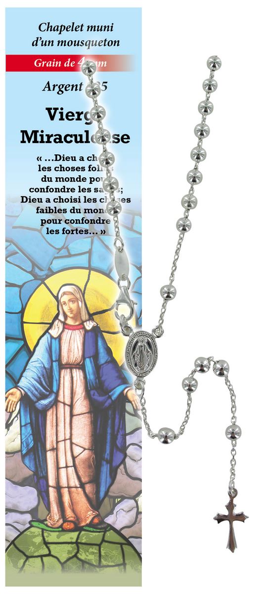 rosario madonna miracolosa in argento 925 con grani da Ø 4 mm e preghiera in francese