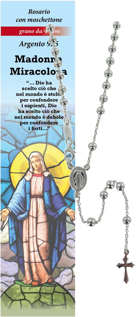 rosario madonna miracolosa in argento 925 con grani da Ø 4 mm e preghiera in italiano