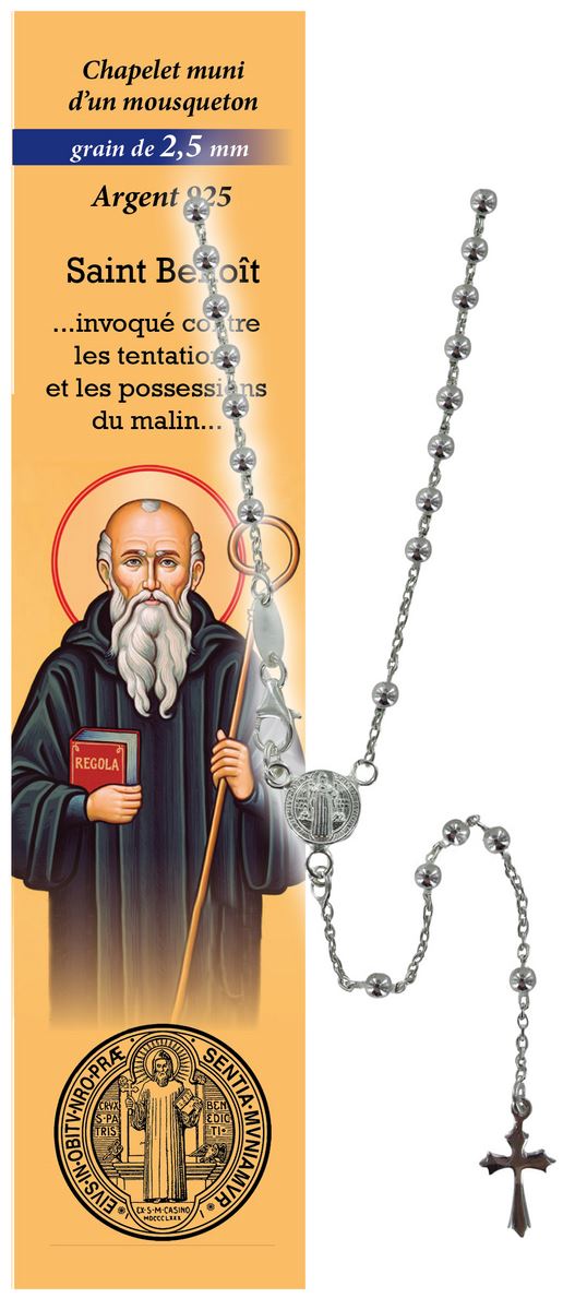 rosario san benedetto in argento 925 con grani da Ø 2,5 mm e preghiera in francese