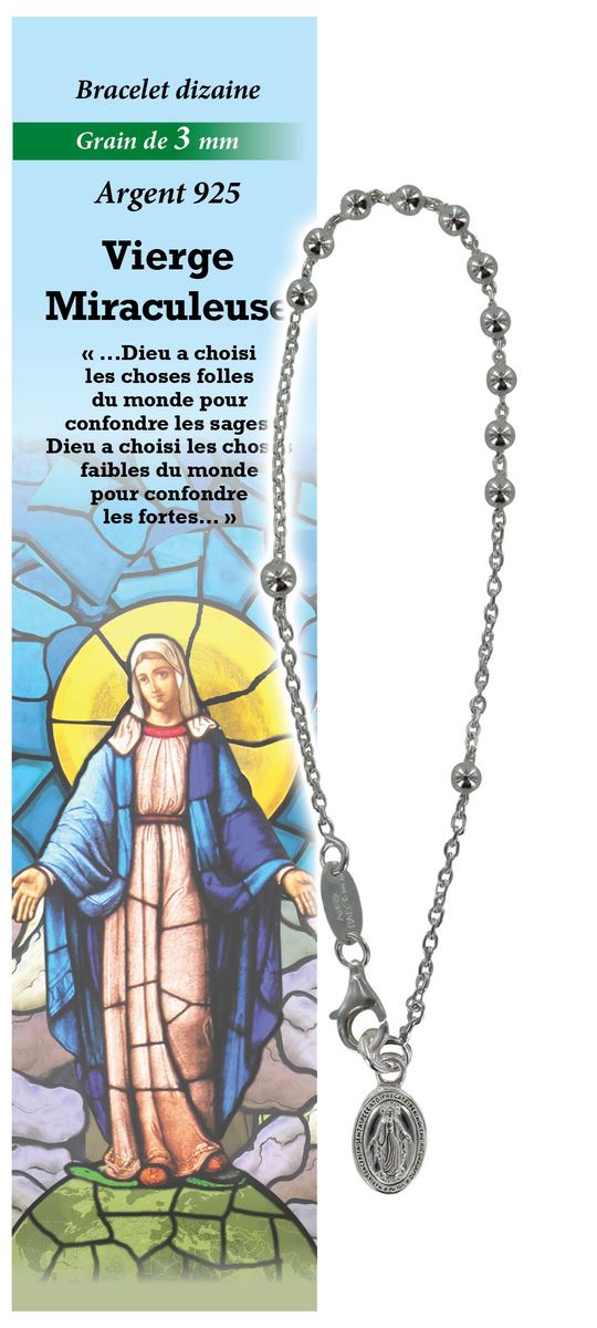 bracciale decina madonna miracolosa in argento 925 con grani da Ø 3 mm e preghiera in francese