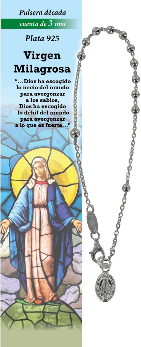 bracciale rosario in argento 925 con grani da 3 mm - madonna miracolosa - spagnolo