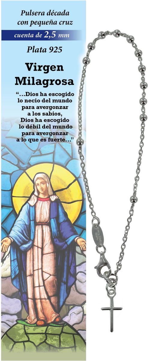 bracciale rosario in argento 925 con grani da 2,5 mm con croce - madonna miracolosa - spagnolo