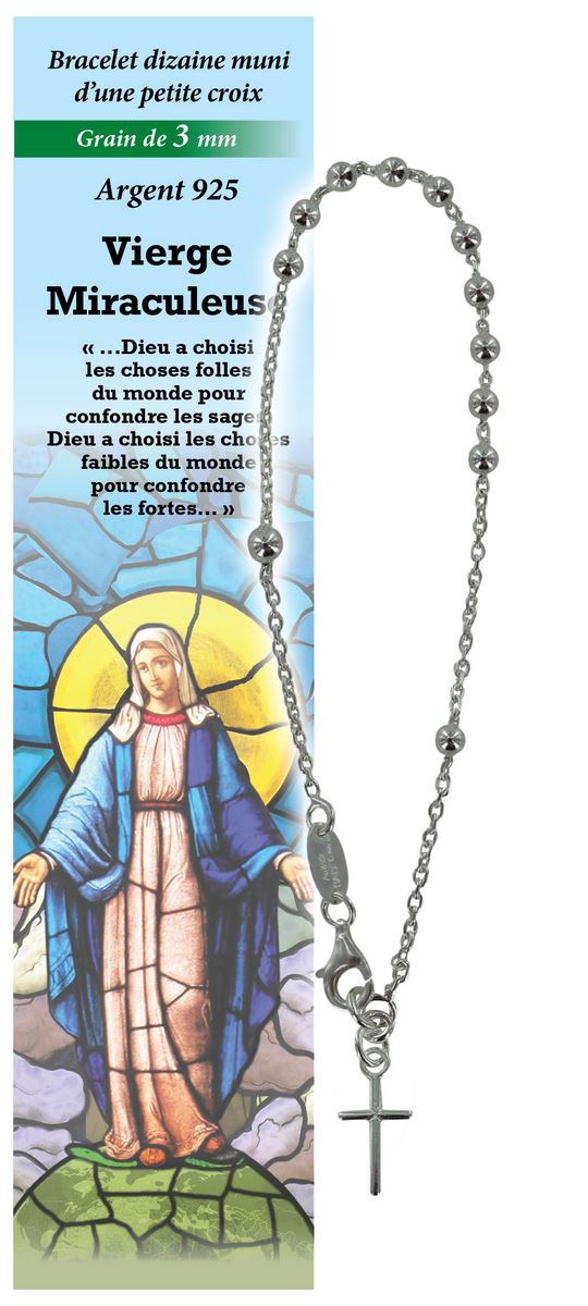 bracciale decina madonna miracolosa in argento 925 con grani da Ø 3 mm e preghiera in francese