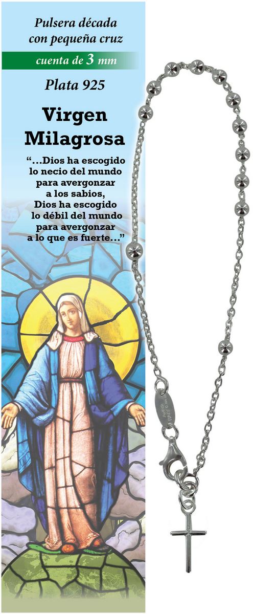 bracciale rosario in argento 925 con 11 grani da 3 mm con croce - madonna miracolosa - spagnolo