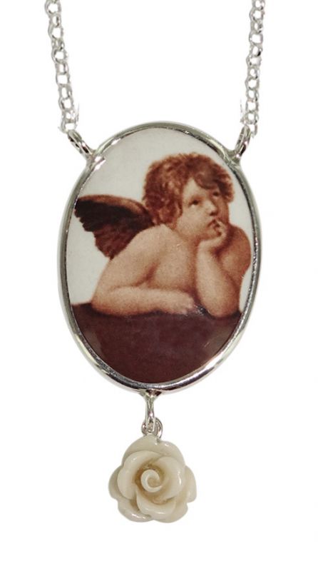 collana argento con medaglia in percellana - madonna con bambino e cuoricini 