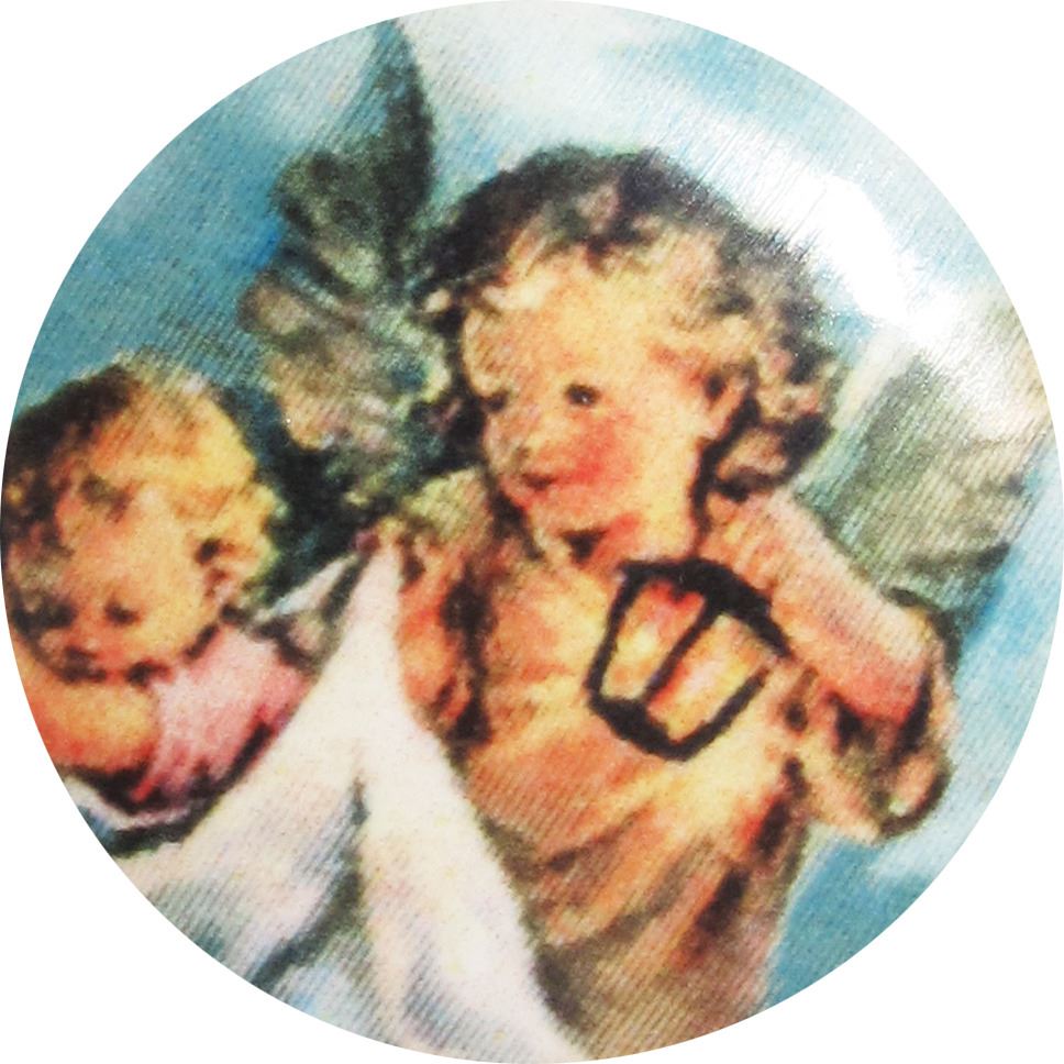 medaglia angelo custode tonda in porcellana con profilo in argento Ø 1,8 cm