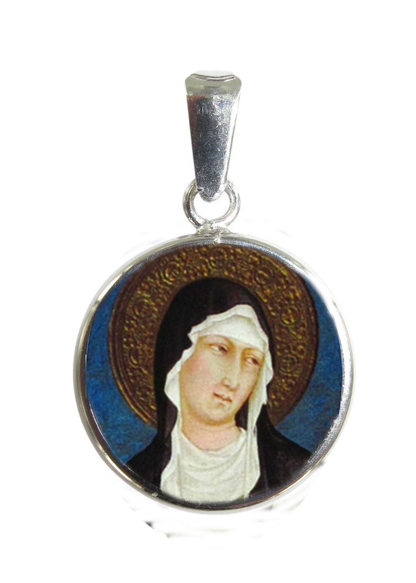 medaglia  tonda santa chiara in argento 925 e porcellana - 1,8 cm