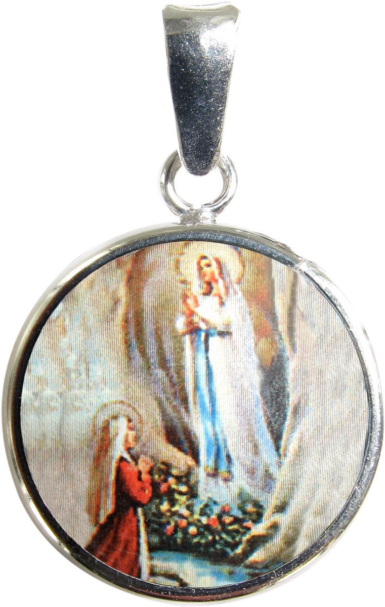 medaglia madonna di lourdes tonda in argento 925 e porcellana - 1,8 cm