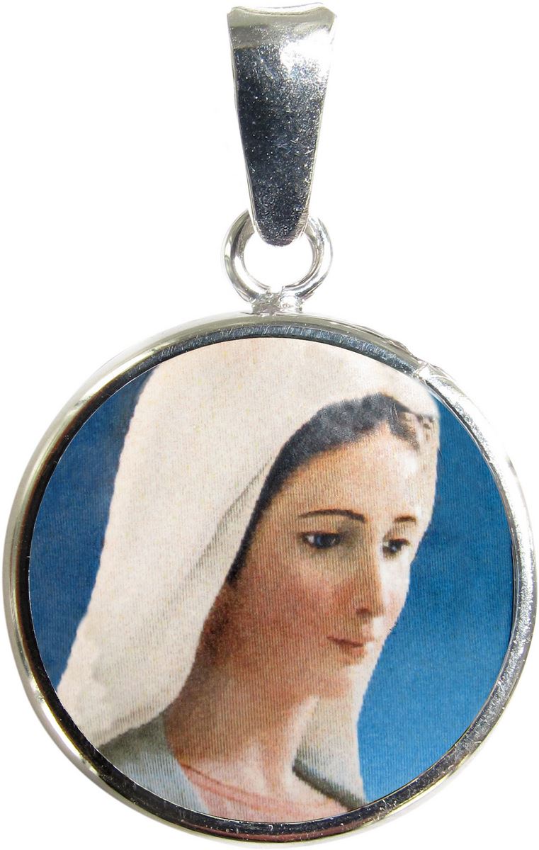 medaglia madonna medjugorje tonda in argento 925 e porcellana - 1,8 cm