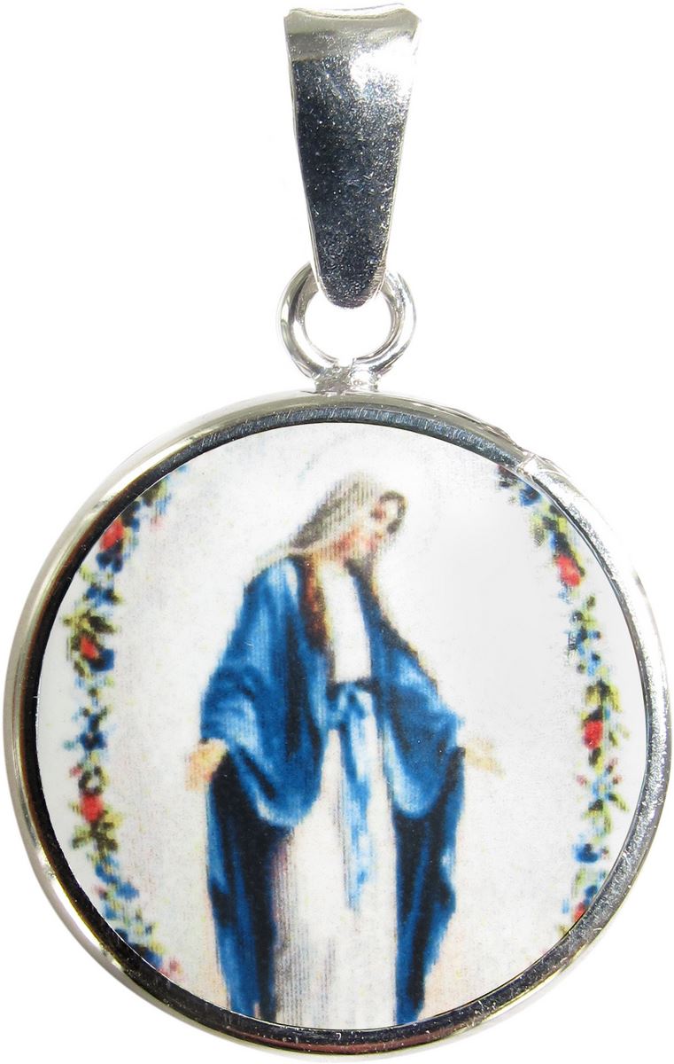 medaglia madonna miracolosa tonda in argento 925 e porcellana - 1,8 cm