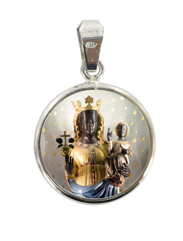 medaglia madonna di oropa tonda in porcellana con profilo in argento Ø 1,8 cm	