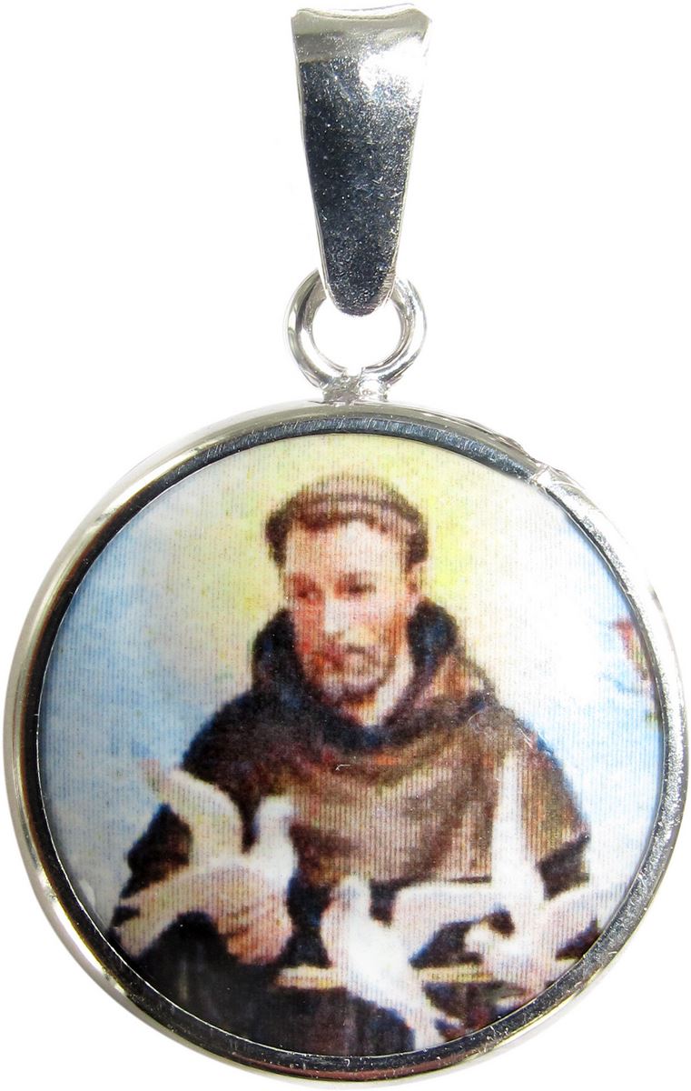 medaglia san francesco tonda in argento 925 e porcellana - 1,8 cm