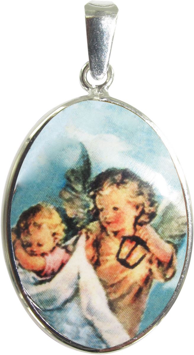 medaglia angelo custode ovale in porcellana con profilo in argento - 3 cm