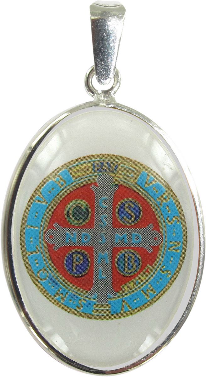 medaglia croce di san benedetto ovale in argento 925 e porcellana - 3 cm