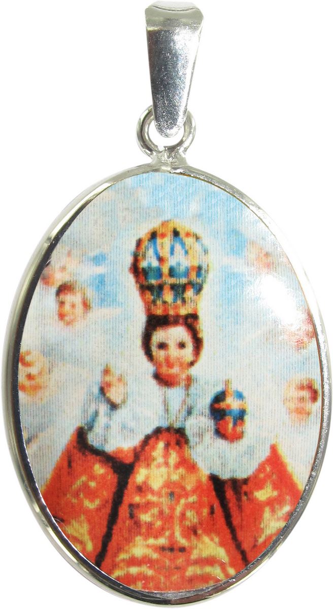 medaglia gesù bambino di praga  ovale in argento 925 e porcellana - 3 cm