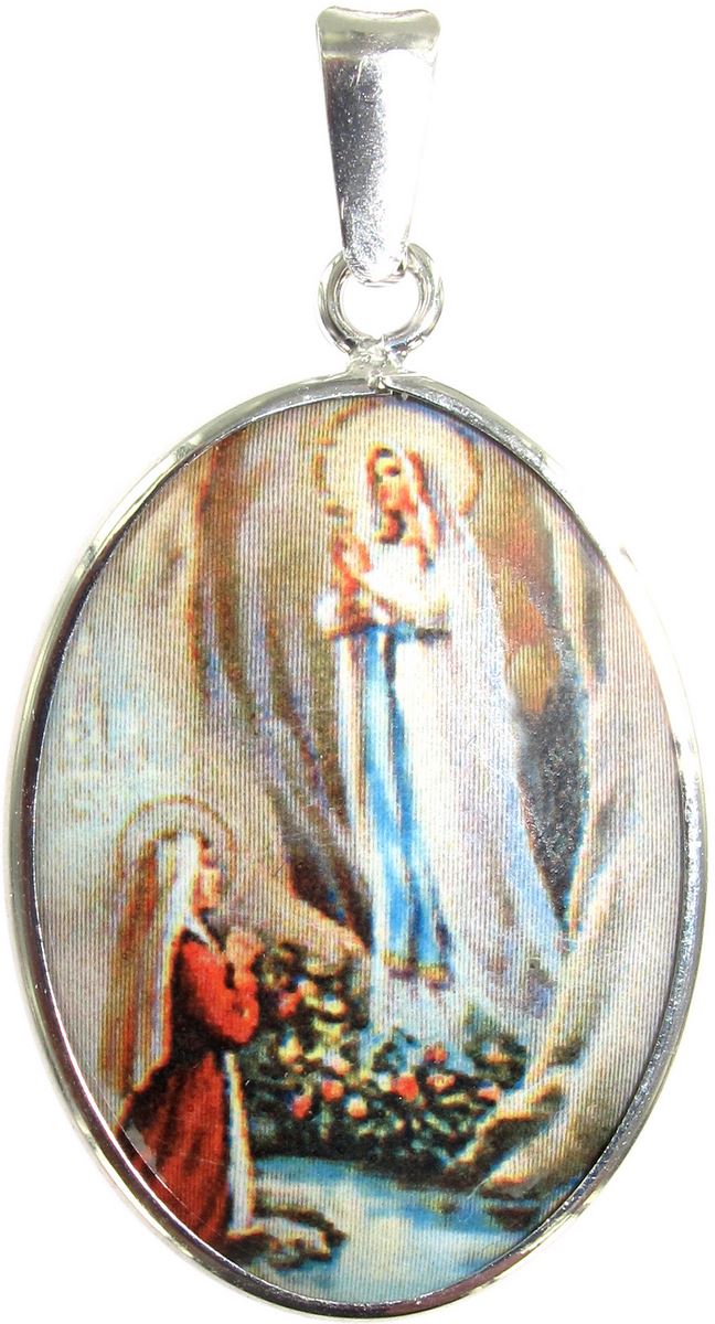 medaglia madonna di lourdes  ovale in argento 925 e porcellana 