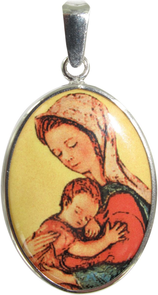 medaglia madonna con bambino in argento 925 e porcellana - 3 cm