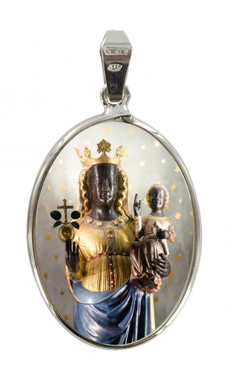 medaglia madonna di oropa ovale in porcellana con profilo in argento Ø 3 cm	