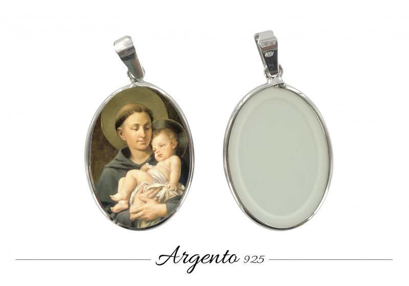 medaglia san antonio  porcellana con profilo in argento 925