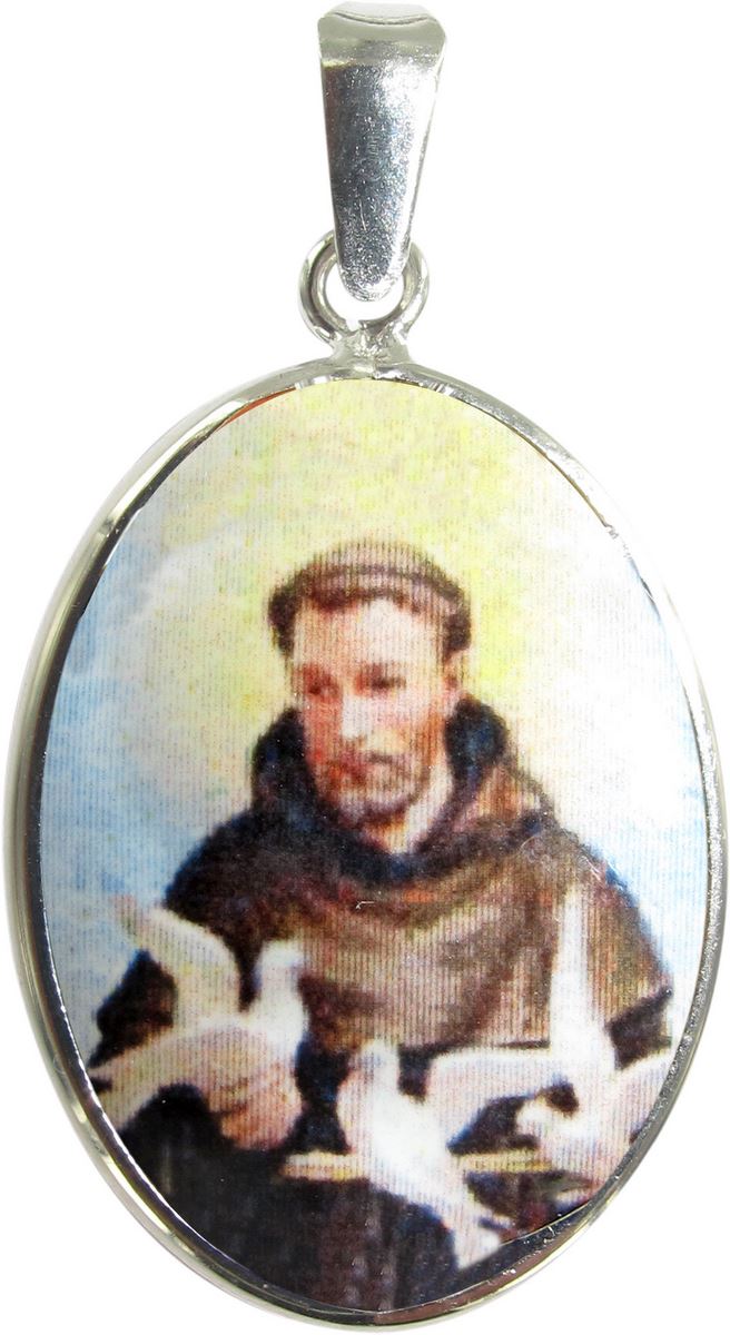 medaglia san francesco  ovale in argento 925 e porcellana - 3 cm