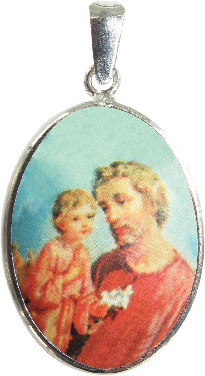 medaglia san giuseppe ovale, pendente / ciondolo s. giuseppe, argento 925 e porcellana, 3 cm