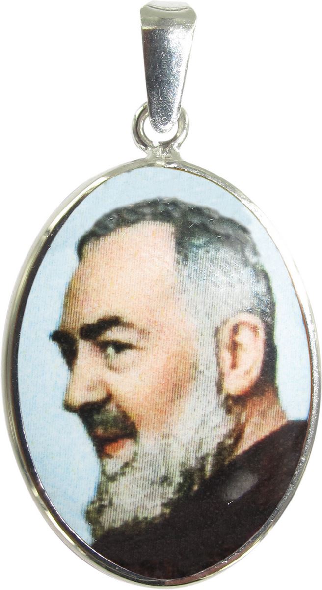 medaglia padre pio  ovale in argento 925 e porcellana - 3 cm