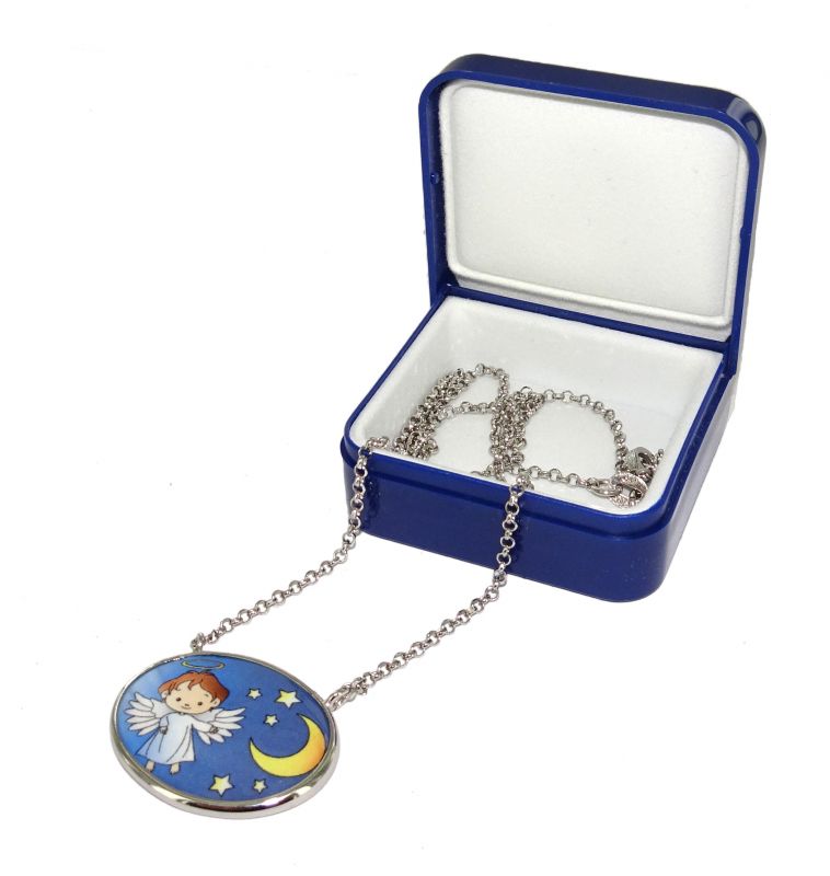 collana argento con medaglia in porcellana - angelo e stelle