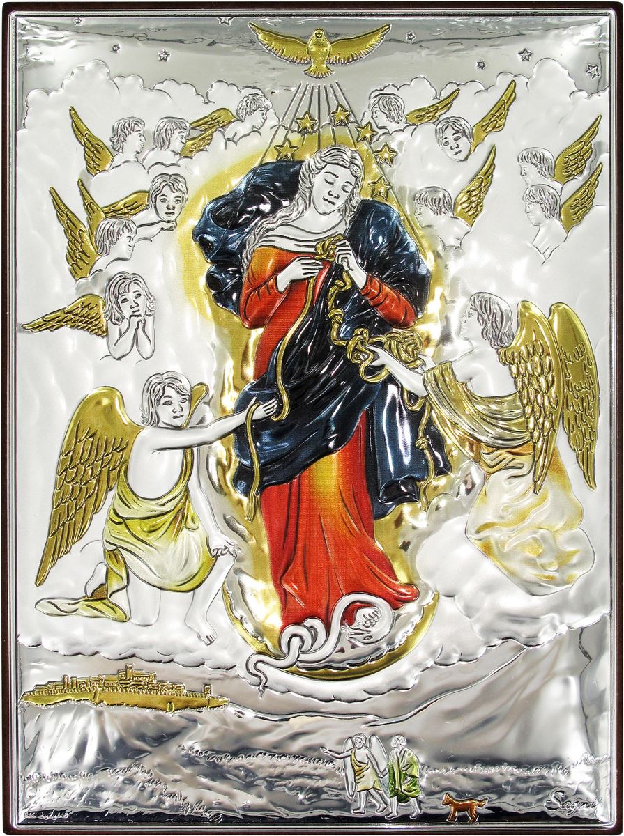 quadretto bassorilievo di maria che scioglie i nodi, argento 999 e dettagli colorati (19,5 x 26 cm)