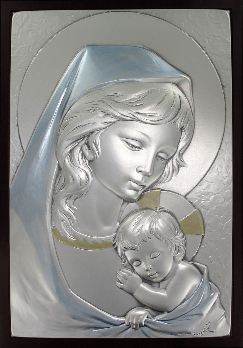 quadro della madonna con bambino in argento - bassorilievo - 29 x 20,5 cm 